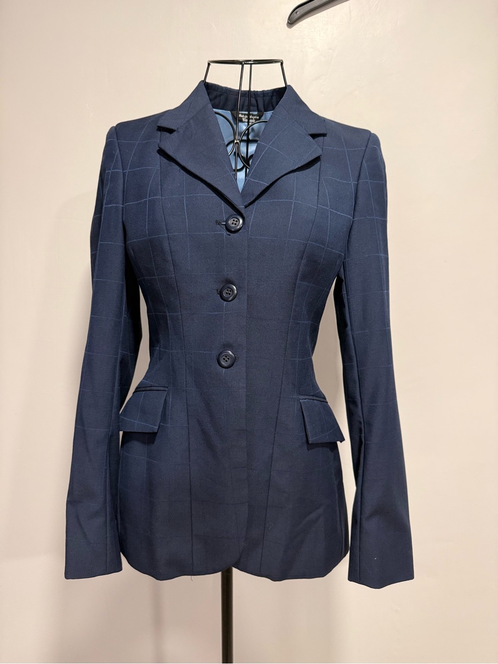 Grand Prix navy windowpane plaid equestrian show coat